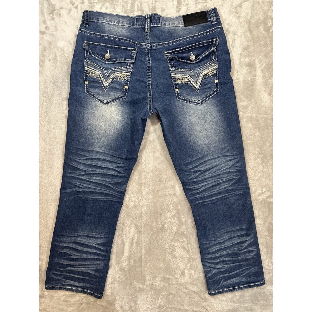 True Luck‎ Jeans Mens 36x30 Blue Dark Wash Stretch Thick Stitch Flap Pockets